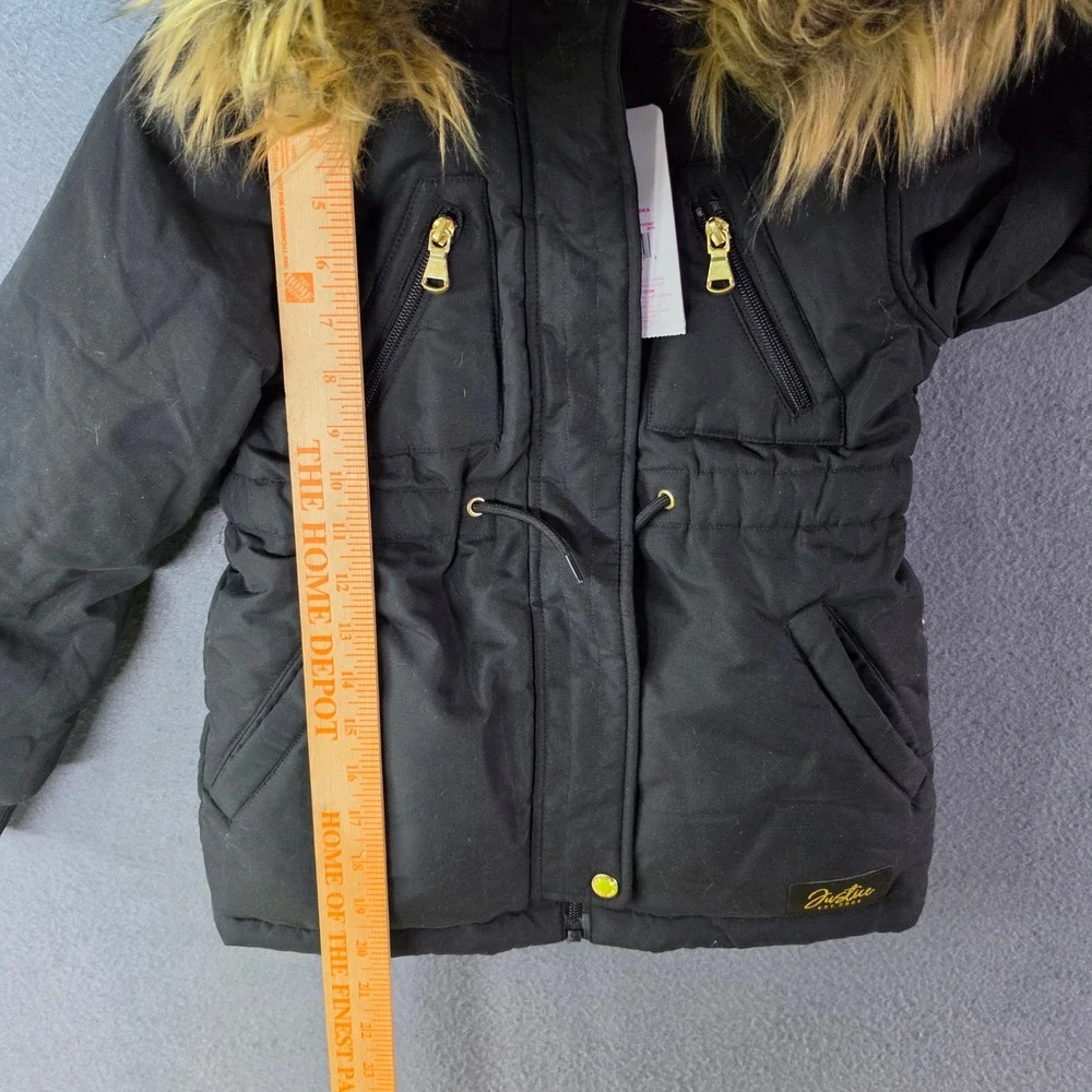 Justice Girls Black Parka Jacket Faux Fur Hood Sherpa Lined Size XS 5/6 NWT